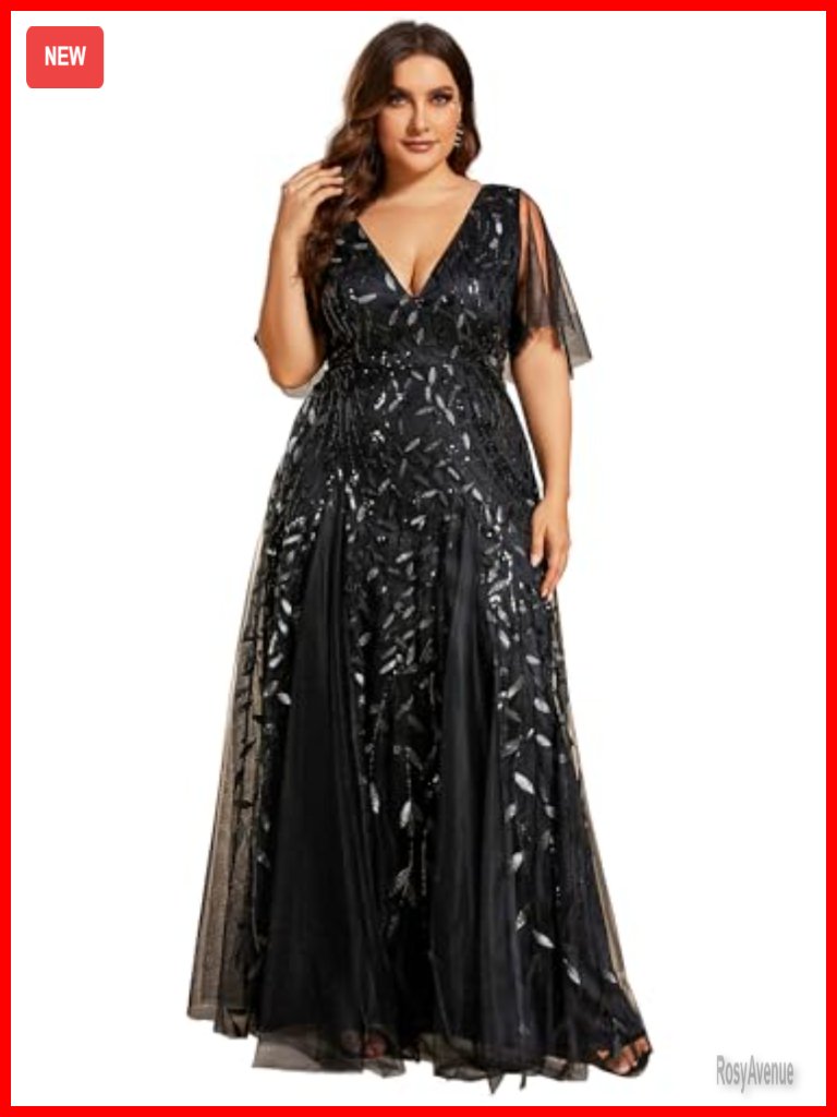 Plus Size Sequin Formal Evening Gown V-Neck Short Sleeve A-Line Mother Of Bride